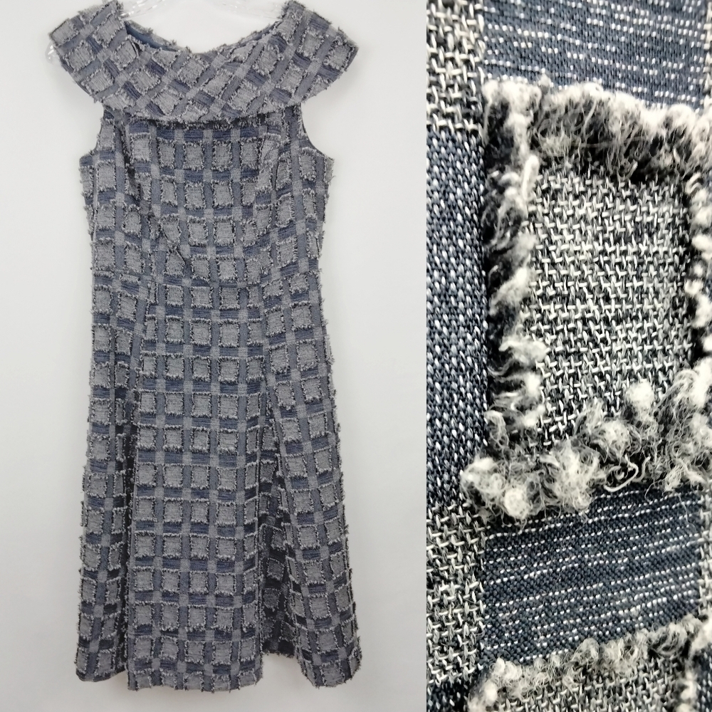 NWOT Eva Mendes Chambray Checkered Fit & Flare Dress in Denim Blues Sz. 2